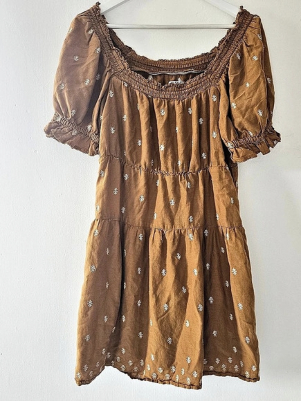 Old Navy Puff-Sleeve Tiered Smocked Embroidered Mini Swing Dress Embroidered